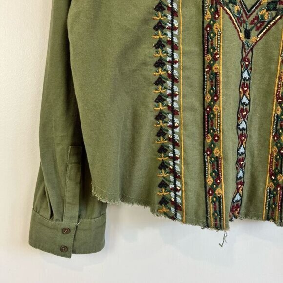 Zara Trafulac Collection Women’s XS Army Green Embroidered Button Down Shirt Top - Picture 10 of 13